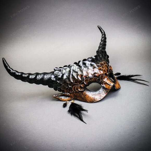 Brown Krampus Horns Brown Squama Animal Devil Halloween Masquerade Party Mask - Picture 3 of 5